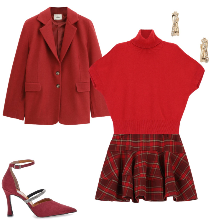Outfit donna - Rosso Natale. Stile Bon Ton Abbinamento con minigonne, maglieria, blazer, orecchini, décolleté.
