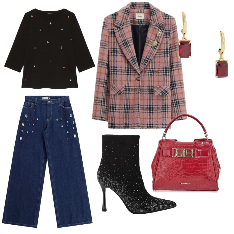 Outfit donna - Stellare. Stile Casual chic per Serata fuori. Abbinamento con jeans, stivaletti, blazer, orecchini, t-shirt, borse a mano.