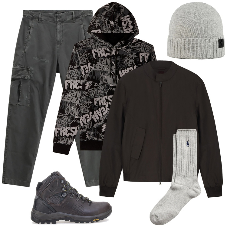 Outfit uomo - Una felpa stampata. Stile Trendy per Tutti i giorni. Abbinamento con felpe con cappuccio, pantaloni cargo, berretti, calzini, bomber, stivali e stivaletti.