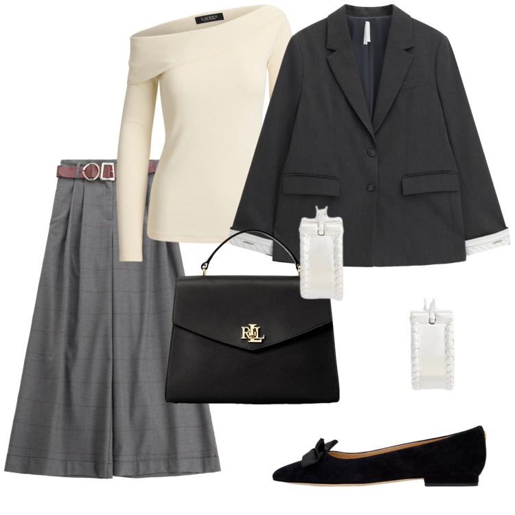 Outfit donna - Total look #2297872. Stile Chic per Serata fuori. Abbinamento con pantaloni, blazer, orecchini, borse a mano, top, ballerine.