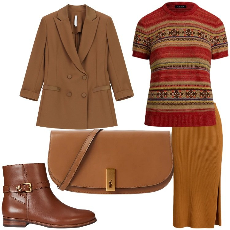 Outfit donna - Serata fra amici. Stile Casual chic per Serata fuori. Abbinamento con blazer, stivaletti, clutch, gonne, maglieria.