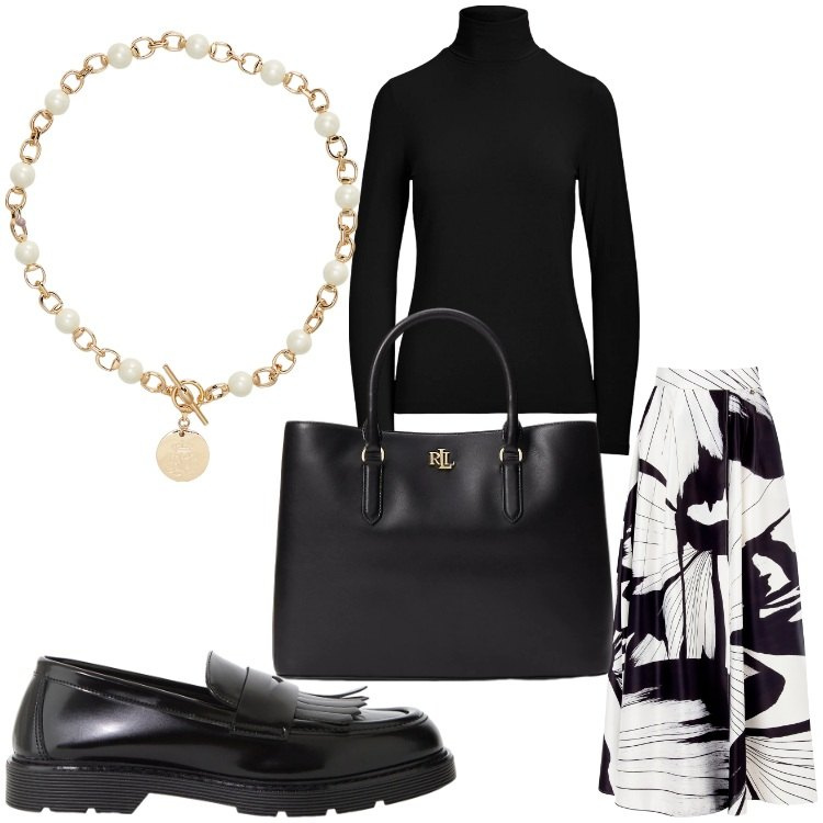 Outfit donna - Scambiamoci gli auguri. Stile Chic per Serata fuori. Abbinamento con gonne lunghe, mocassini, borse a mano, collane, top.