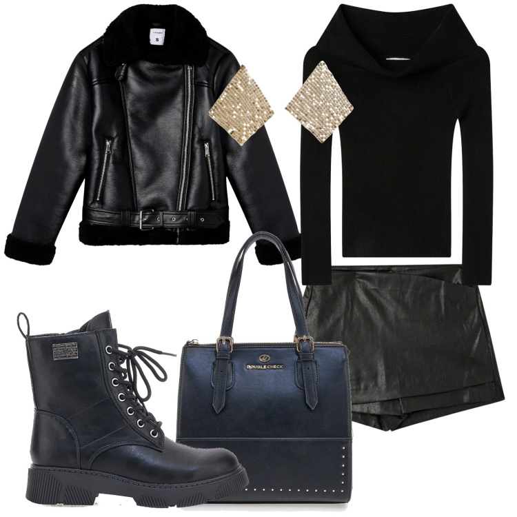 Outfit donna - Terranova - Xmas Edition 2025. Stile Rock per Serata fuori. Abbinamento con minigonne, giacche, maglieria, orecchini, borse a mano, anfibi.