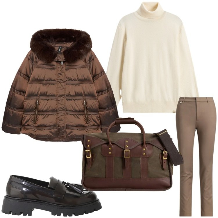 Outfit donna - Prima delle vacanze. Stile Casual chic per Ufficio. Abbinamento con mocassini, pantaloni, borse a tracolla, maglieria, piumini.