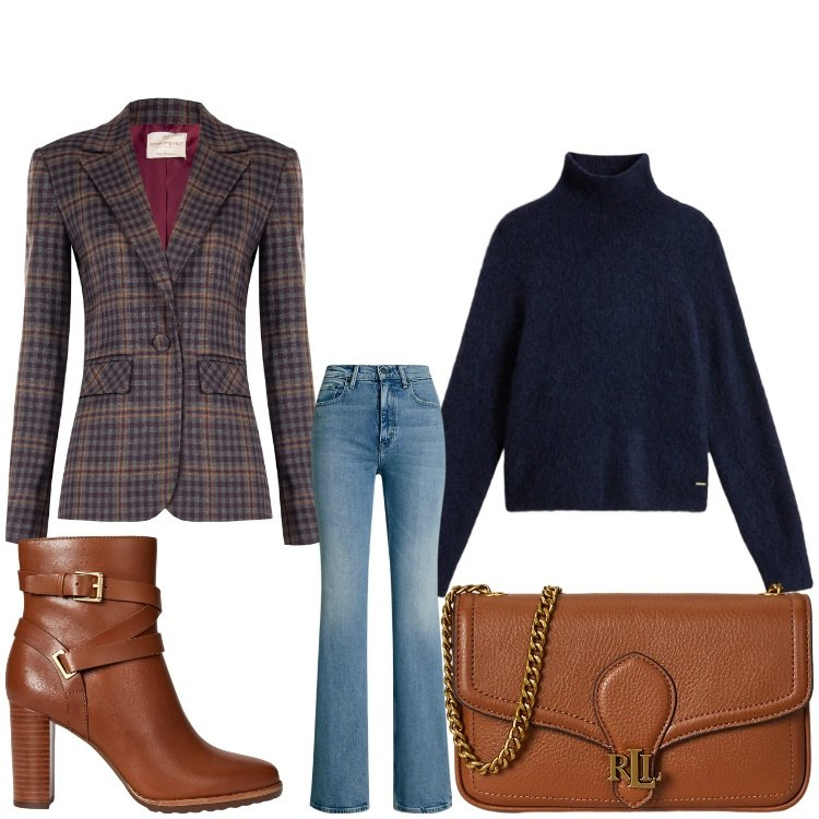 Outfit donna - My jeans. Stile Casual chic per Ufficio. Abbinamento con blazer, jeans bootcut, clutch, stivaletti, maglieria.