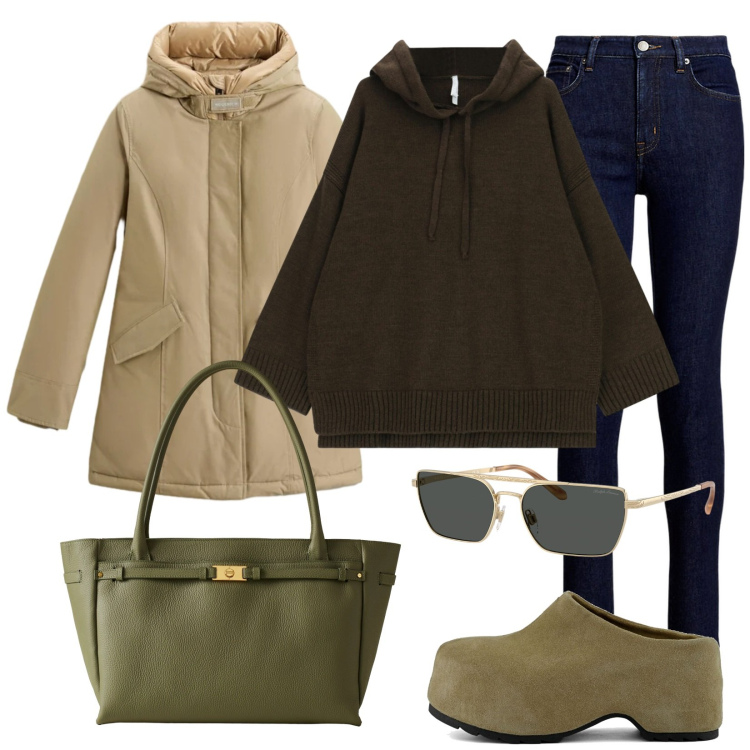 Outfit donna - Il sole d\'inverno. Stile Urban per Tutti i giorni. Abbinamento con maglieria, shopping bag, jeans skinny, occhiali da sole, parka, zoccoli.