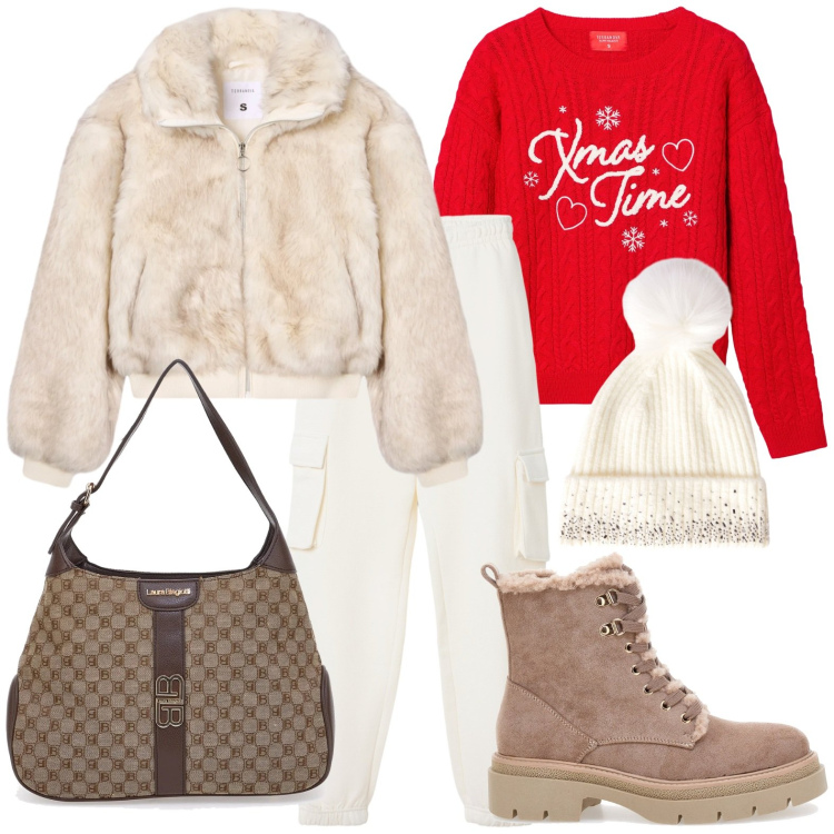 Outfit donna - Terranova - Xmas Edition 2025. Stile Glamour per Tutti i giorni. Abbinamento con berretti, pantaloni, maglieria, ecopellicce, anfibi, borse a spalla.