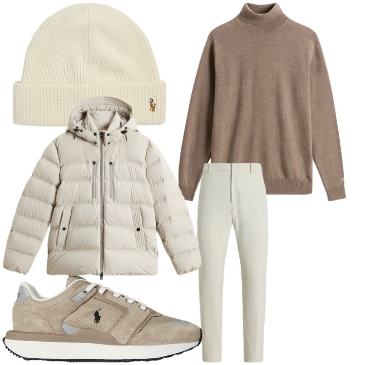 Outfit uomo - Sabbia e neve. Stile Casual per Tutti i giorni. Abbinamento con pantaloni, sneakers, berretti, maglieria, piumini.