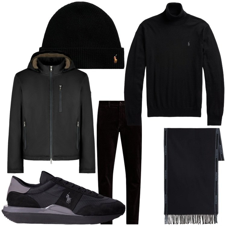 Outfit uomo - Inverno black. Stile Casual per Tutti i giorni. Abbinamento con piumini, sneakers, pantaloni, berretti, maglieria, sciarpe.
