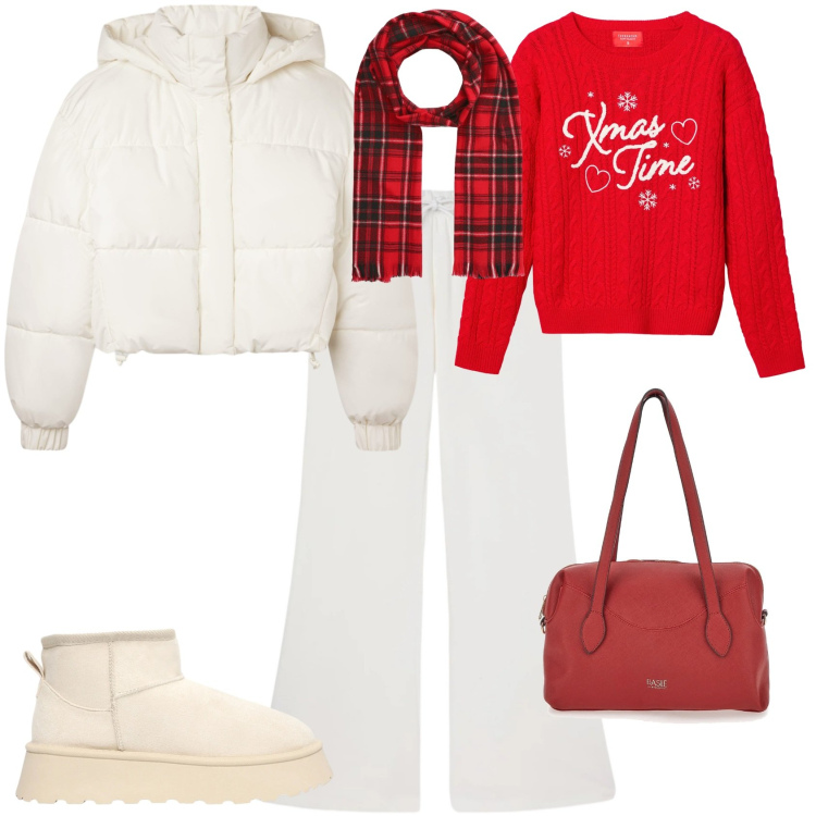 Outfit donna - Sporty chic festività. Stile Sporty chic per Tutti i giorni. Abbinamento con pantaloni, bomber, maglieria, sciarpe, stivaletti, borse a spalla.