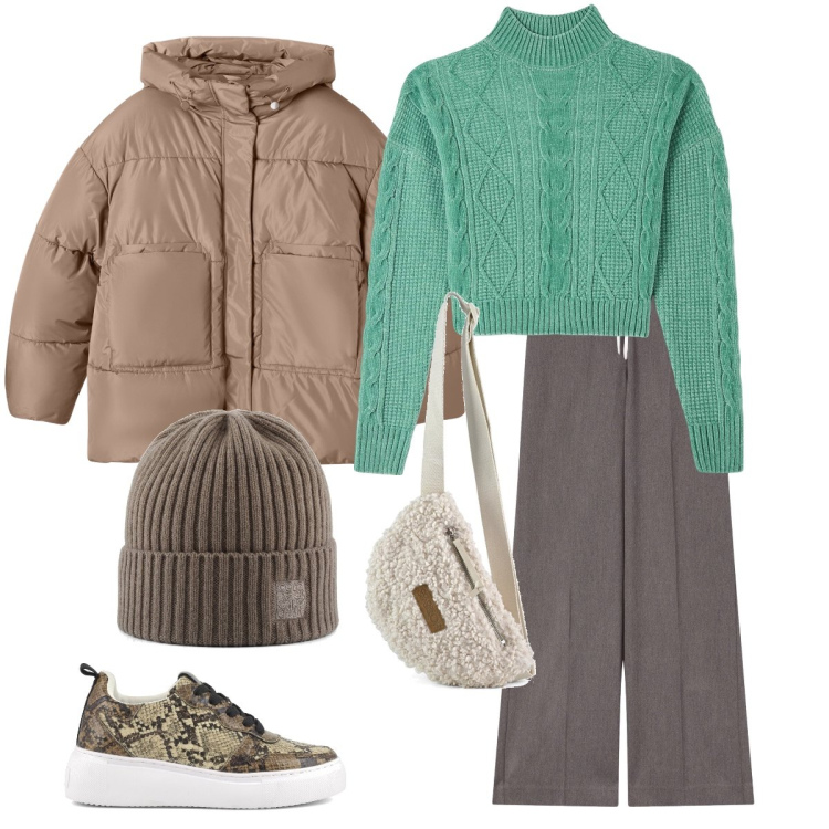 Outfit donna - Total look #2297889. Stile Casual chic per Tutti i giorni. Abbinamento con maglieria, bomber, pantaloni, marsupi, berretti, sneakers.