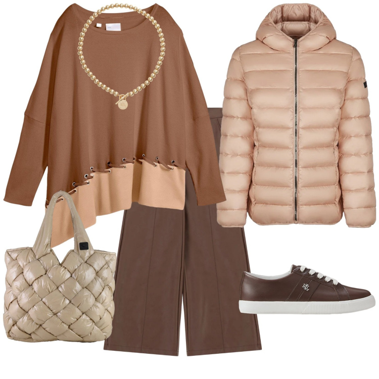 Outfit donna - Comoda in nocciola. Abbinamento con maglieria, pantaloni a palazzo, collane, sneakers, borse tote, piumini.