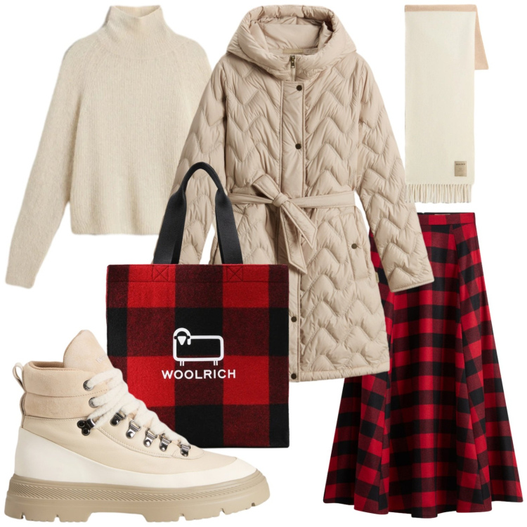 Outfit donna - Holiday Heritage. Stile Glamour per Tutti i giorni. Abbinamento con maglieria, sciarpe, gonne lunghe, borse tote, parka, anfibi.