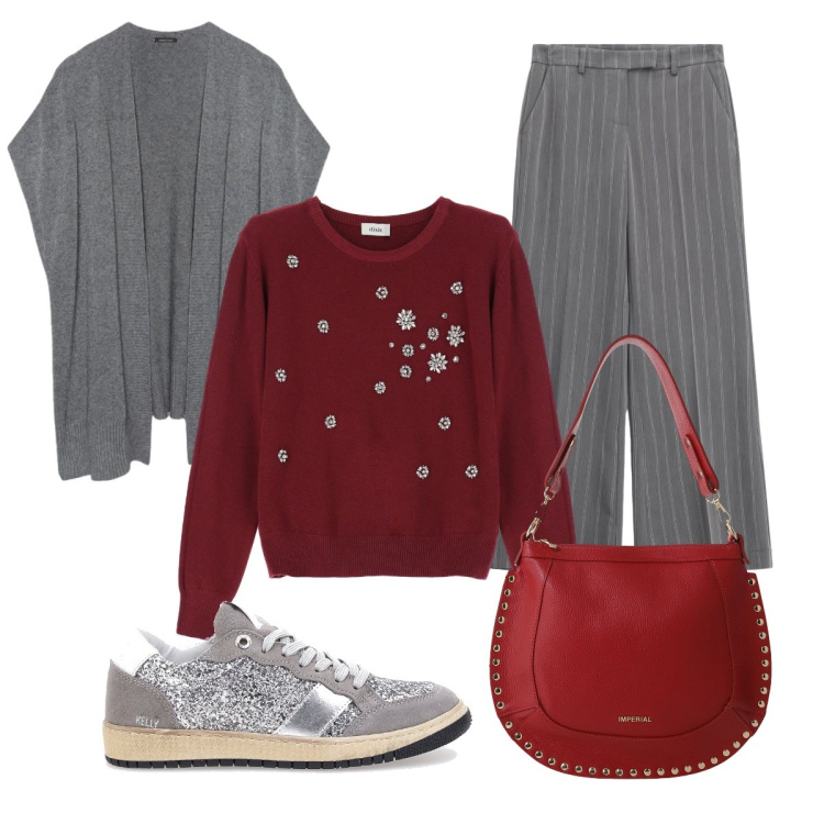 Outfit donna - Rosso & Grigio. Stile Casual chic per Ufficio. Abbinamento con pantaloni a palazzo, borse a spalla, maglieria, sneakers, gilet.