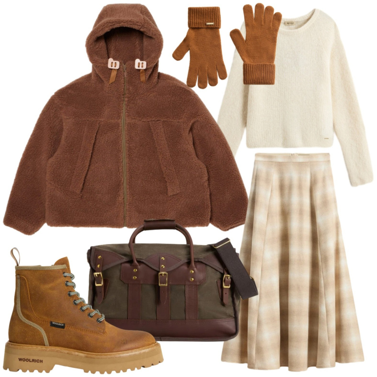 Outfit donna - Holiday Heritage. Stile Minimal per Tutti i giorni. Abbinamento con anfibi, borse a tracolla, guanti, maglieria, gonne lunghe, parka.