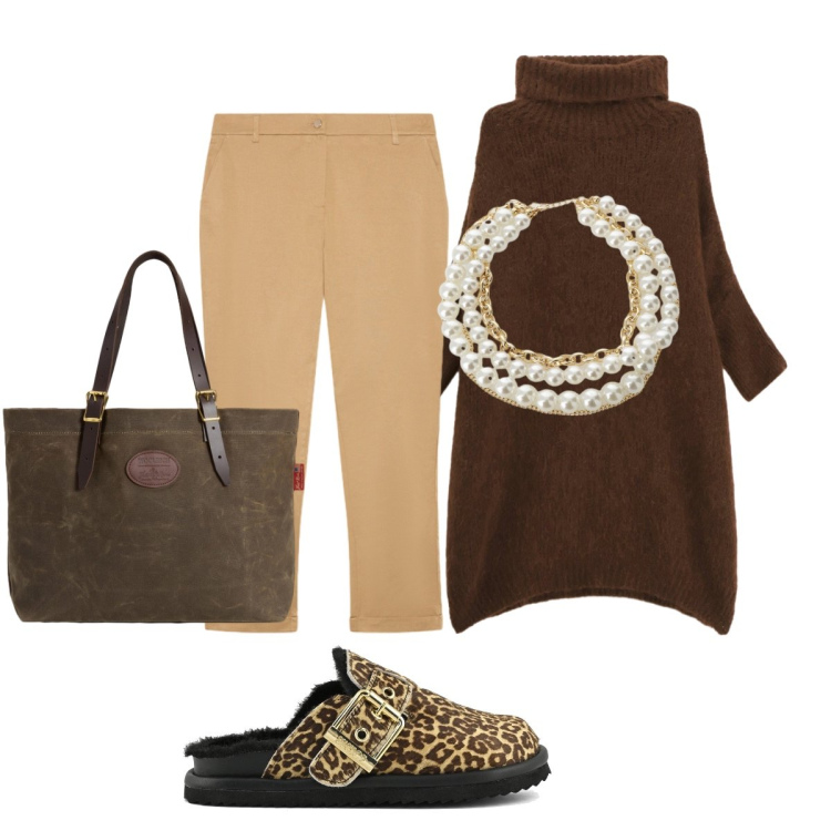 Outfit donna - Il morbido maglione. Stile Casual chic per Tutti i giorni. Abbinamento con maglieria, collane, borse tote, pantaloni chino, sabot.
