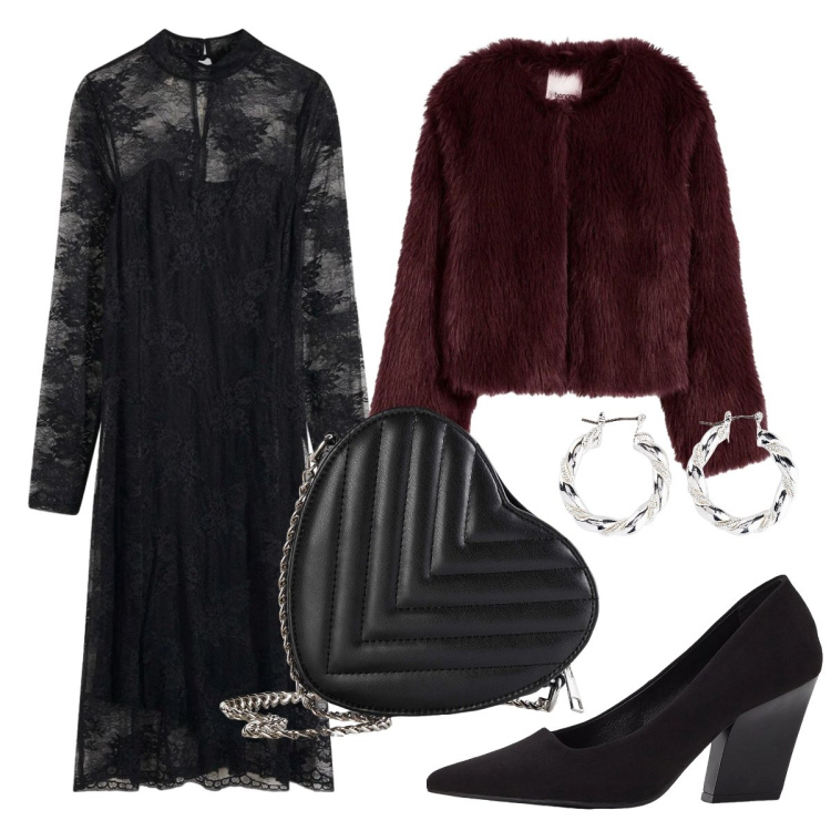 Outfit donna - Pizzo nero. Stile Chic per Serata fuori. Abbinamento con vestiti, ecopellicce, borse a tracolla, décolleté, orecchini.