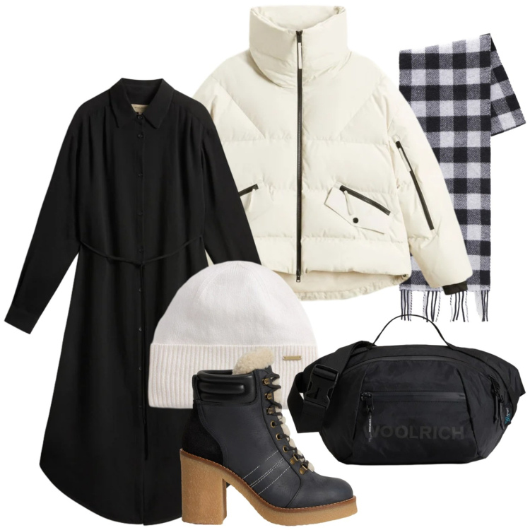 Outfit donna - Holiday Heritage. Stile Minimal per Serata fuori. Abbinamento con borse a tracolla, berretti, stivaletti, piumini, vestiti lunghi, sciarpe.