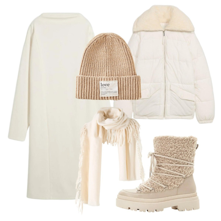 Outfit donna - Serata in montagna. Stile Casual chic per Serata fuori. Abbinamento con giacche, berretti, sciarpe, vestiti midi/longuette, stivali da neve.