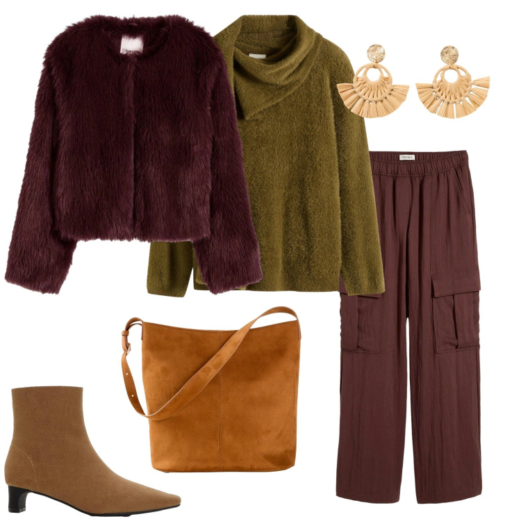 Outfit donna - Total look #2297902. Stile Casual chic per Ufficio. Abbinamento con maglieria, ecopellicce, orecchini, stivaletti, borse a mano, pantaloni cargo.