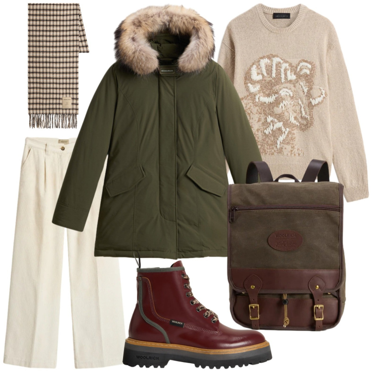 Outfit donna - Holiday Heritage. Stile Glamour per Tutti i giorni. Abbinamento con pantaloni, zaini, maglieria, anfibi, sciarpe, parka.