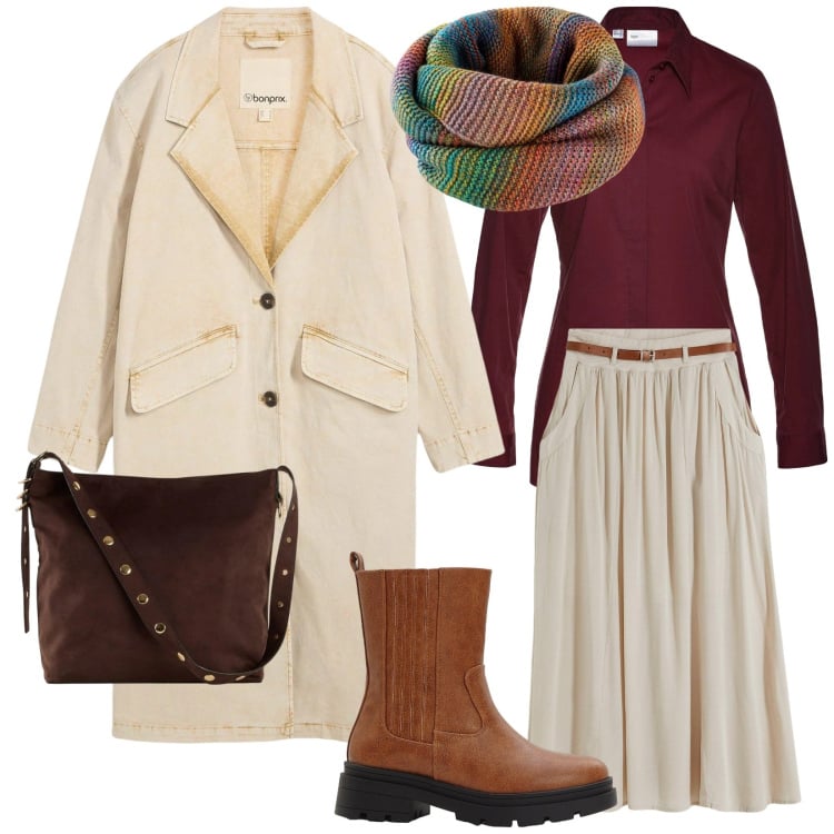 Outfit donna - Qualcosa di rosso. Stile Basic per Serata fuori. Abbinamento con trench, gonne lunghe, stivaletti chelsea, foulard, shopping bag, camicie.