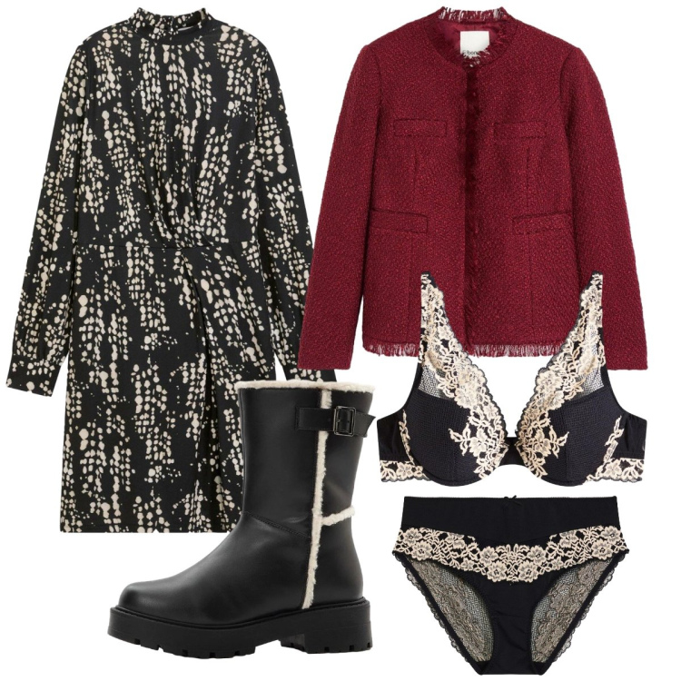 Outfit donna - Coordinato in pizzo. Stile Chic per Serata fuori. Abbinamento con vestiti, stivali, reggiseni, cappotti, culotte.