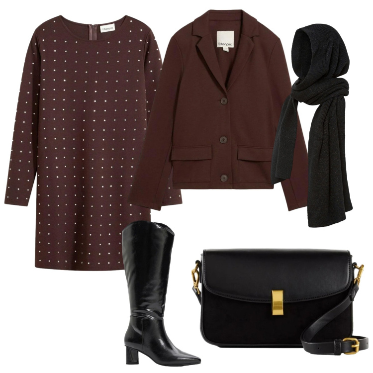 Outfit donna - Total look #2297906. Stile Casual chic per Serata fuori. Abbinamento con vestiti, blazer, stivali, sciarpe, borse a mano.