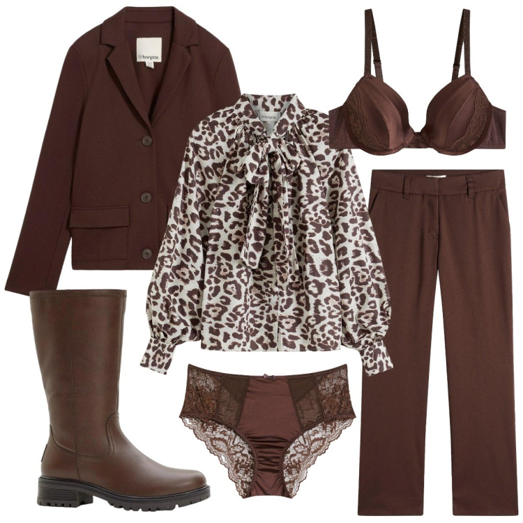 Outfit donna - Tutto coordinato. Stile Bon Ton per Tutti i giorni. Abbinamento con pantaloni, stivali, blazer, camicie, reggiseni, culotte.