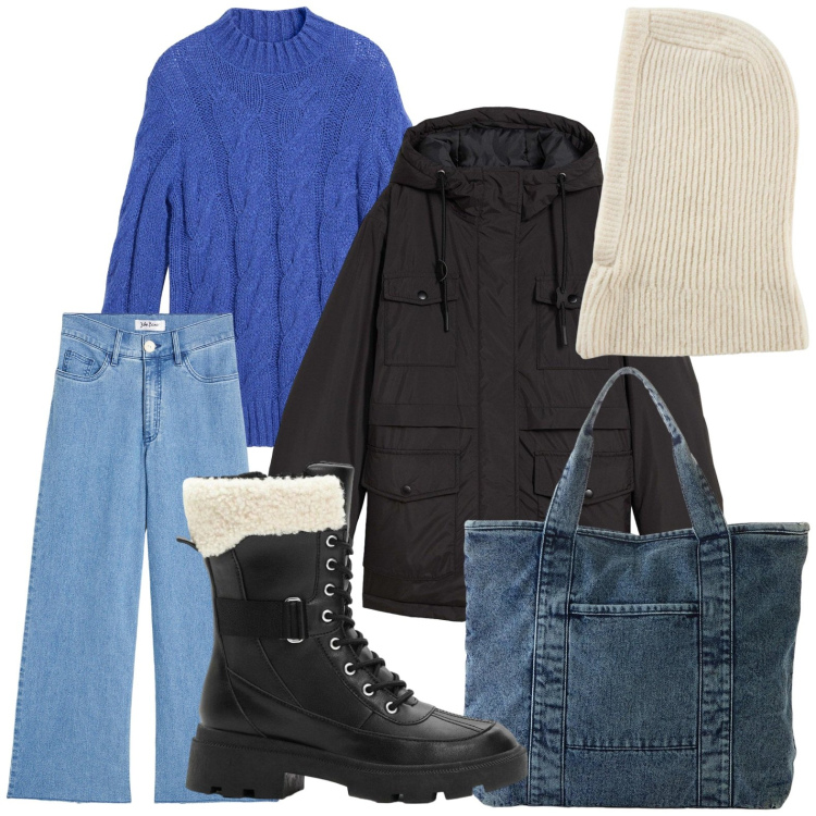 Outfit donna - Winter Looks, XMas Mood. Stile Glamour per Tutti i giorni. Abbinamento con anfibi, shopping bag, maglieria, blazer, scaldacollo, jeans.