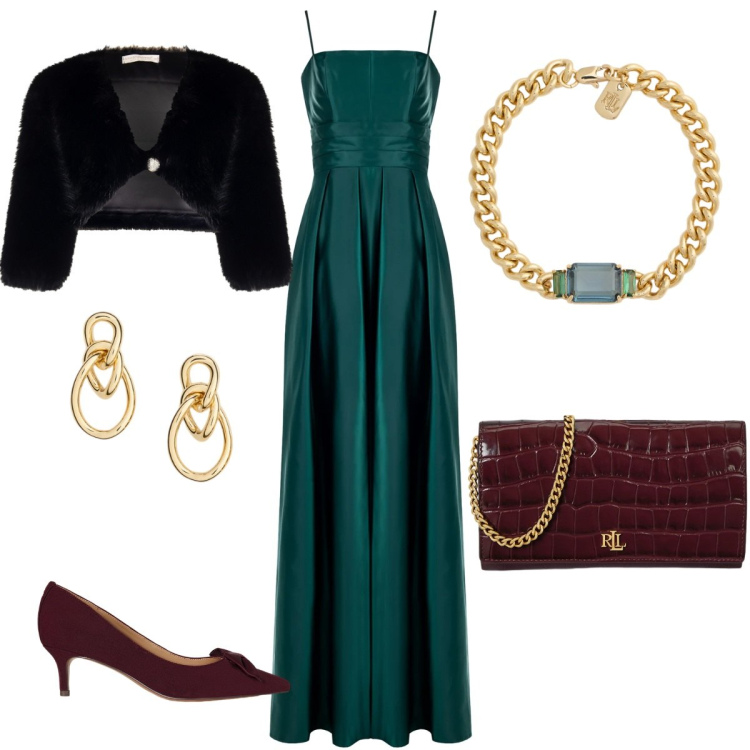 Outfit donna - Notte di san Silvestro. Stile Glamour per Cerimonia. Abbinamento con vestiti lunghi, bolero, orecchini, décolleté, braccialetti, portafogli.