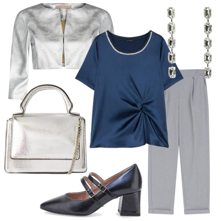 Outfit donna - La blusa col nodo. Stile Chic per Serata fuori. Abbinamento con borse a tracolla, orecchini, bolero, pantaloni, bluse, décolleté.