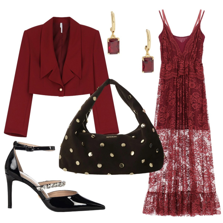 Outfit donna - Strepitosa con l’abito in pizzo. Stile Chic per Serata fuori. Abbinamento con décolleté, blazer, borse a spalla, vestiti lunghi, orecchini.
