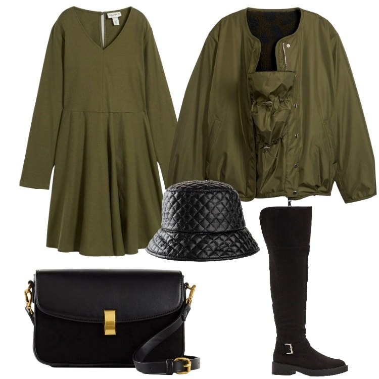 Outfit donna - bonprix party black serata informale. Stile Casual chic per Serata fuori. Abbinamento con bomber, cappelli con visiera, vestiti, stivali sopra il ginocchio, borse a mano.