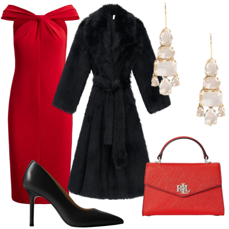 Outfit donna - Una festa con gli amici. Stile Glamour per Serata fuori. Abbinamento con cappotti, vestiti, borse a mano, orecchini, décolleté.