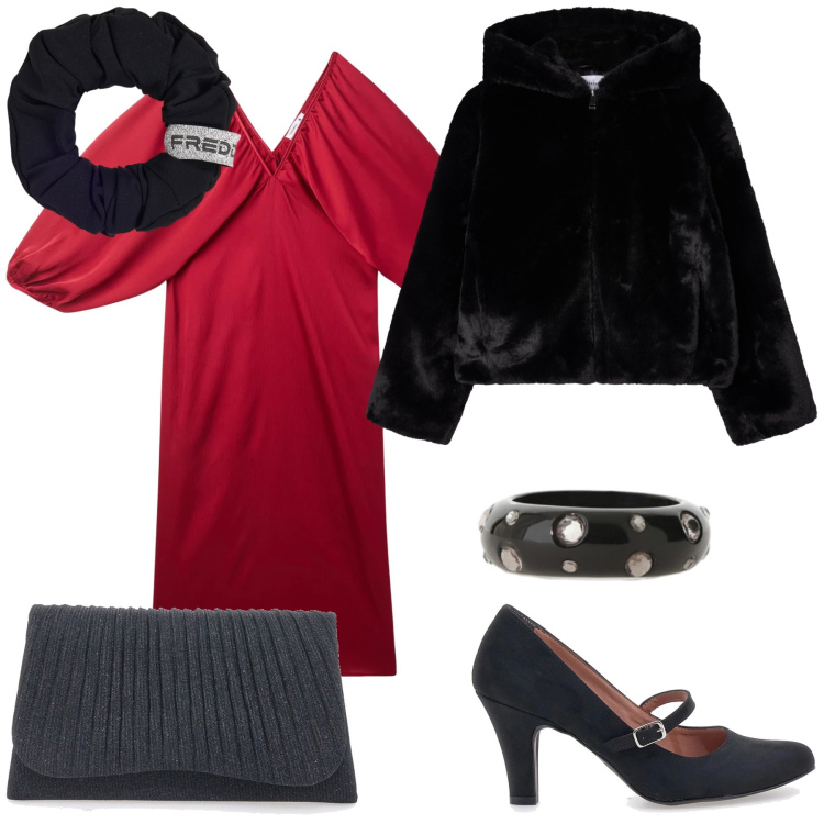 Outfit donna - Un party natalizio. Stile Glamour per Serata fuori. Abbinamento con vestiti lunghi, ecopellicce, anelli, accessori per capelli, clutch, décolleté.