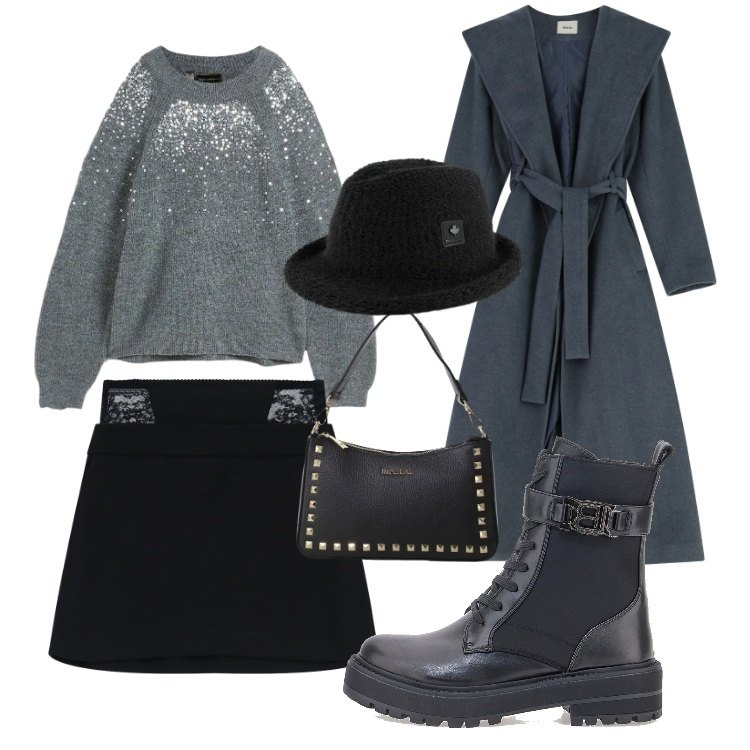 Outfit donna - Gift of style. Stile Casual chic per Serata fuori. Abbinamento con maglieria, pochette, minigonne, cappotti, cappelli, anfibi.