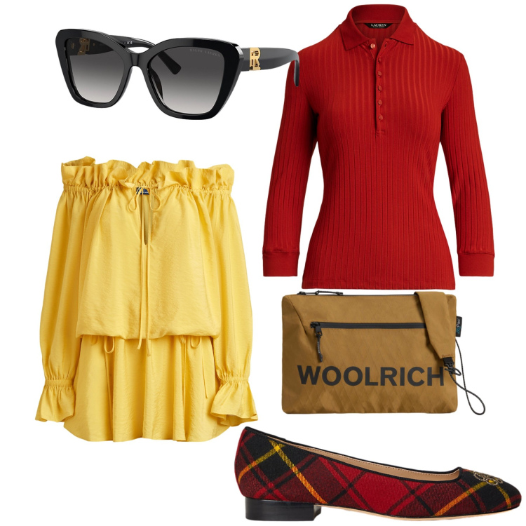 Outfit donna - Rosso e giallo. Stile Trendy per Tutti i giorni. Abbinamento con occhiali da sole, ballerine, polo, vestiti, borse a tracolla.