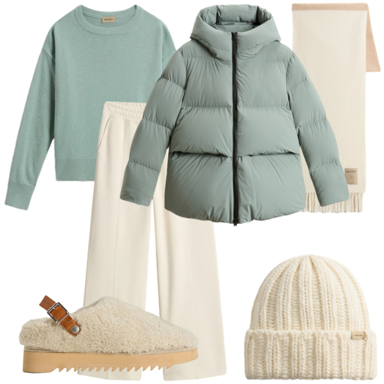 Outfit donna - Holiday Heritage. Stile Casual chic per Tutti i giorni. Abbinamento con maglieria, sciarpe, berretti, sabot, pantaloni, piumini.