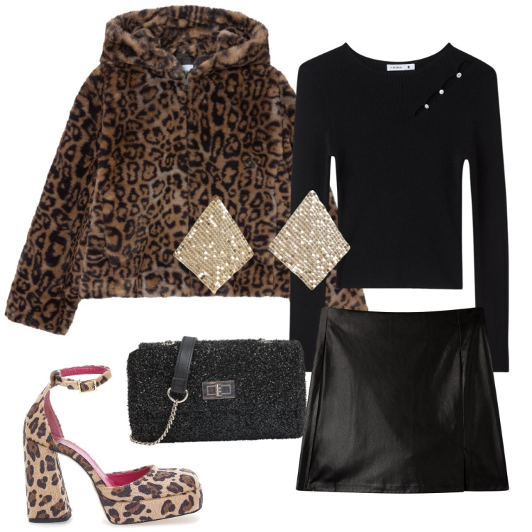 Outfit donna - Total look #2297924. Stile Glamour per Serata fuori. Abbinamento con maglieria, minigonne, ecopellicce, orecchini, borse a tracolla, décolleté.