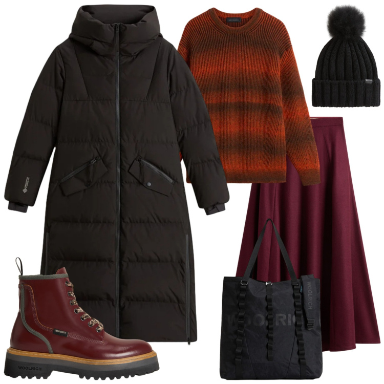 Outfit donna - Holiday Heritage. Stile Casual chic per Tutti i giorni. Abbinamento con borse tote, anfibi, gonne lunghe, maglieria, berretti, piumini.