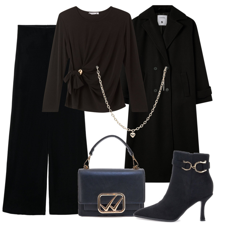 Outfit donna - Serata Xmas edition. Stile Glamour per Serata fuori. Abbinamento con bluse, collane, pantaloni, cappotti, stivaletti, borse a tracolla.