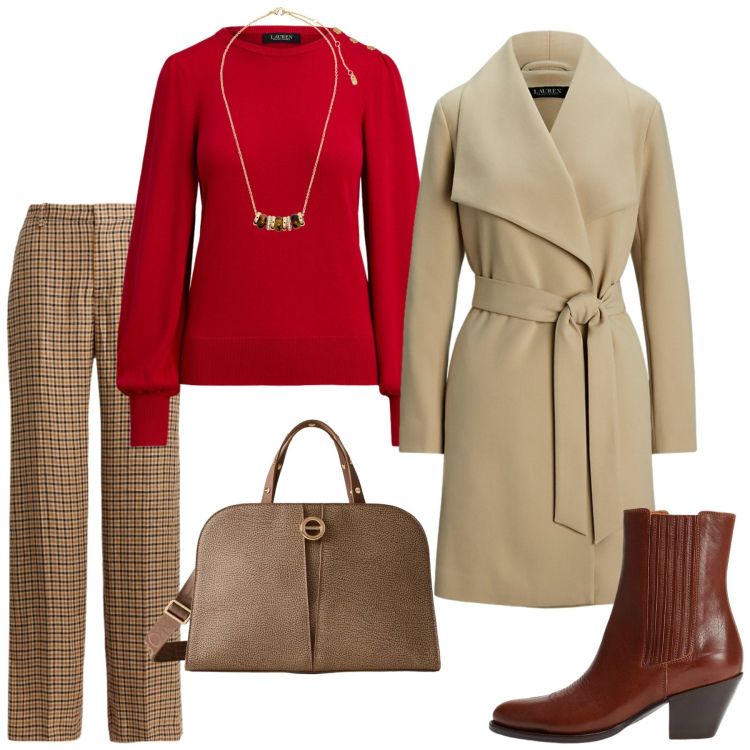 Outfit donna - Dicembre freddo. Stile Bon Ton per Serata fuori. Abbinamento con borse a mano, cappotti, collane, stivaletti texani, maglieria, pantaloni.