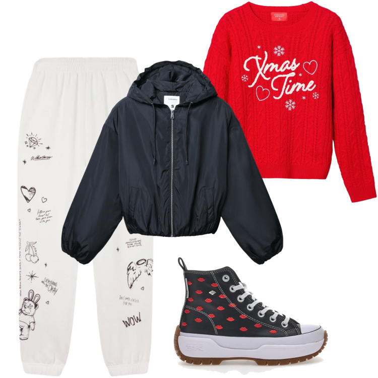 Outfit donna - Terranova - Xmas Edition 2025. Stile Glamour per Tutti i giorni. Abbinamento con pantaloni, bomber, maglieria, sneakers.