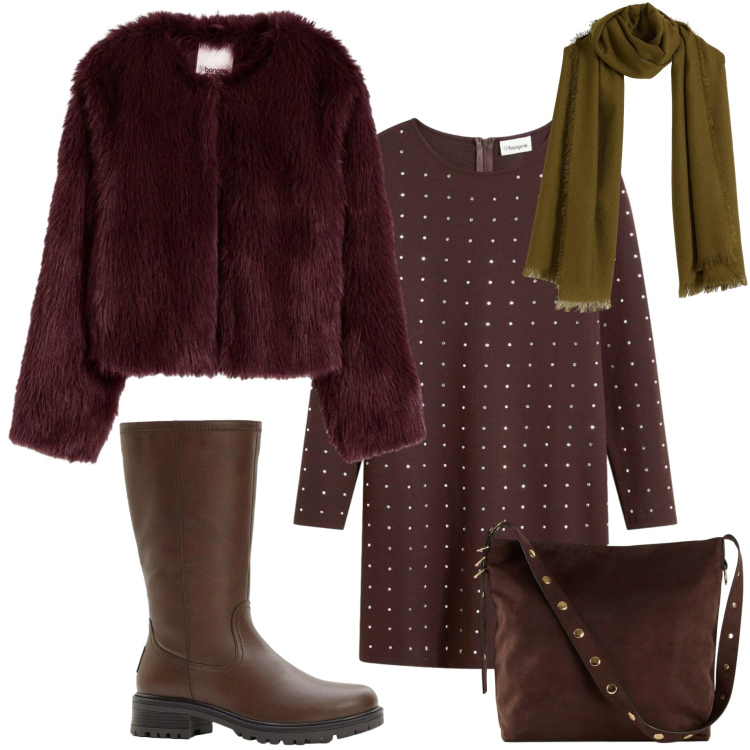 Outfit donna - Xmas Mood. Stile Casual chic per Serata fuori. Abbinamento con vestiti, ecopellicce, shopping bag, sciarpe, stivali.