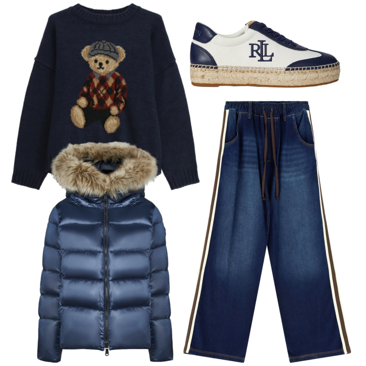 Outfit donna - Caffè con le amiche. Stile Casual per Tutti i giorni. Abbinamento con maglieria, jeans, sneakers, piumini.