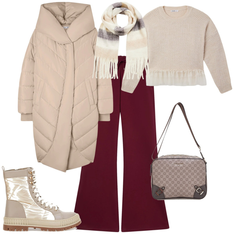 Outfit donna - Casual chic festività. Stile Casual chic per Tutti i giorni. Abbinamento con cappotti, pantaloni, sciarpe, maglieria, stivaletti, borse a tracolla.