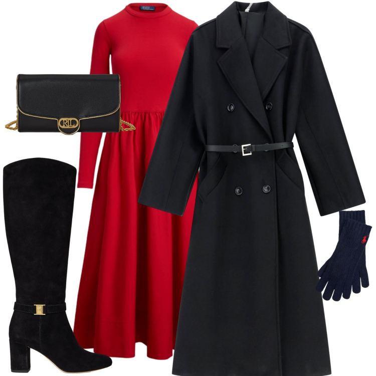 Outfit donna - Qualcosa di rosso. Stile Chic per Serata fuori. Abbinamento con cappotti, guanti, borse a tracolla, stivali, vestiti.