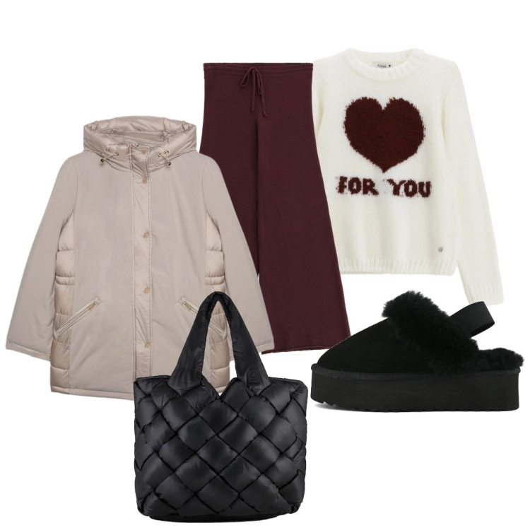 Outfit donna - Il morbido maglione con il cuore. Stile Casual chic per Tutti i giorni. Abbinamento con pullovers, pantaloni a palazzo, borse tote, piumini, sabot.