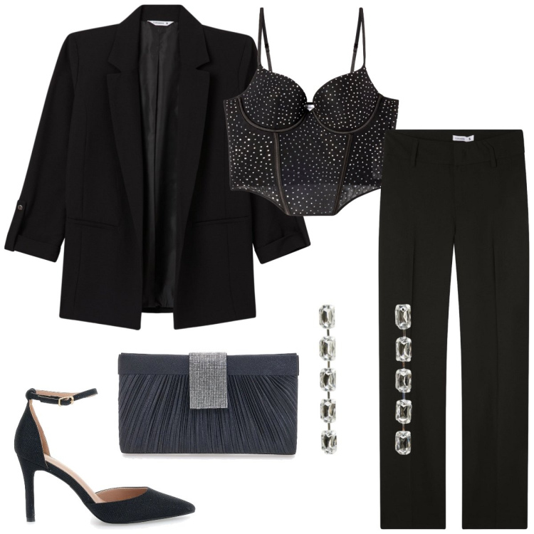 Outfit donna - Total look #2297935. Stile Glamour per Serata fuori. Abbinamento con top, blazer, pantaloni, orecchini, décolleté, pochette.